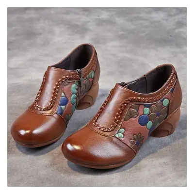 (coffee, 37) Johnature Vintage Handmade Genuine Leather Pumps Ethnic Style Flower Mid Heel Round