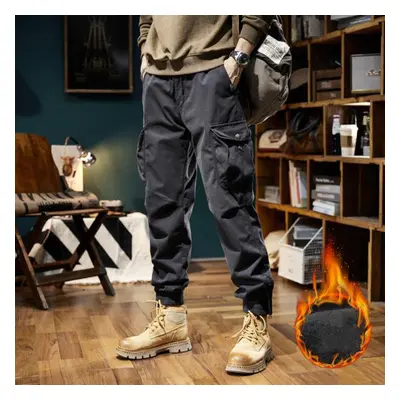 (grey, 34) New Winter Cargo Pants Men Multi-pockets Drawstring Fleece Liner Thick Warm Overalls 