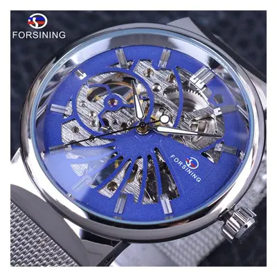 (blue) Forsining Men&apos;s Watch Full Stainless Steel Transparent Automatic Mechanical Watch Sk