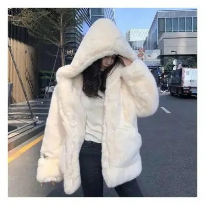 (white, S) Winter Women&apos;s Mink Faux Fur Hooded Coat Thick Warm Faux Fur Coat Loose Large Si