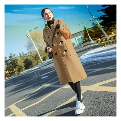 (khaki, L) Horn Button Woolen Coat Women&apos;s Mid-length Autumn And Winter Quilted Thickened H