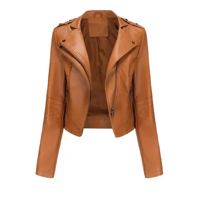 (camel, 2XL) Women's Jackets Rivets Faux Leather Lapel Zipper Bomber Jacket Short Slim Fit Motor