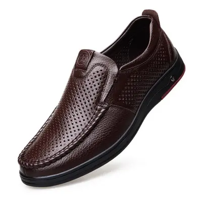 (brown, 44) Men&apos;s Summer Loafers Shoes Genuine Leather Soft Man Casual Slip-on Cutout Shoes