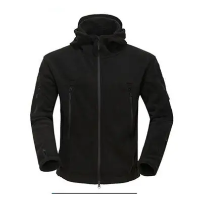 (black, L) Military Fleece Tactical Jacket Men Thermal Outdoors Warm Hooded Coat Softshell Hike 