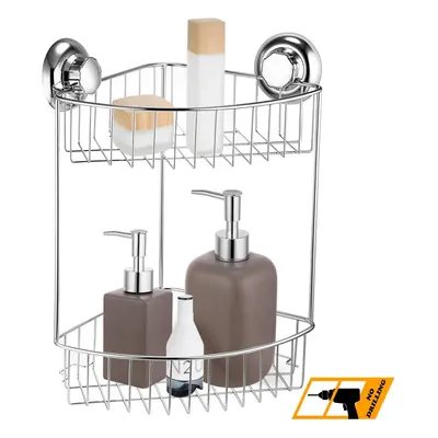 MaxHold No-Drilling/Suction Cup Double/Two Tier Corner Shower Basket - Vaccum System - Stainless