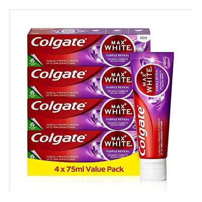 Colgate Max White Purple Reveal Teeth Whitening Toothpaste 4x75ml | Purple Toothpaste with Optic