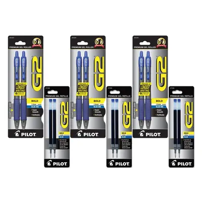 Pilot G2 Retractable Premium Gel Ink Roller Ball Pens Bold Point 6-Pack Blue Ink with Blue Ink R