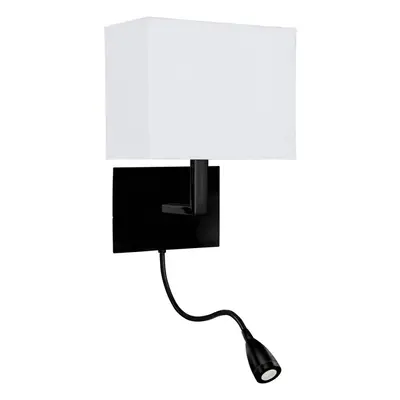 Searchlight Hotel Wall Light Matt Black, White Fabric Shade with Reading Light