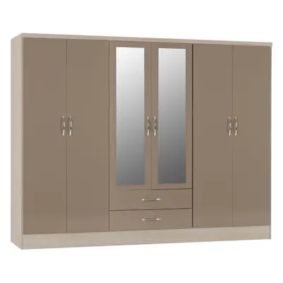 Nevada Door Drawer Mirrored Wardrobe in Oyster Gloss and Oak Effect Finish