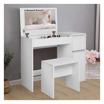 ((White)) Dressing Table Stool Set Flip-up Mirror Drawer, Door Bedroom Vanity Makeup Desk