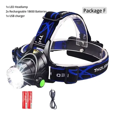 (L2-25000 Lumen, Package F) Powerful LED Headlamp USB DC Charging Headlight Waterproof Head Lamp