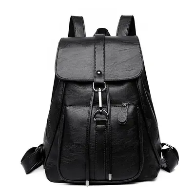 (Black) Soft PU Leather Backpack Ladies Casual Shoulder Bag Outdoor Hunting Travel Rucksack