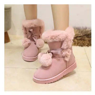 (40, pink) Warm Fur Women Snow Boots Suede Winter Shoes Fur Ball Mid-Calf Boots Female