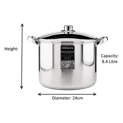 (24cm - 8.4 Litre) Stainless Steel Induction Stock Pot with Lid