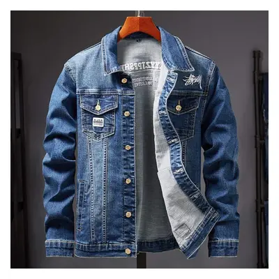 (blue, XXL) Mens Denim Jacket Classic Western Style Casual Slim Fit Ripped Jeans Coat For Men Ov