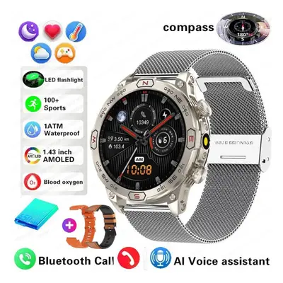 (silver,orange, Mesh+silicone+leather) New Outdoor Military Gps Smart Watch Men Amoled Hd Screen