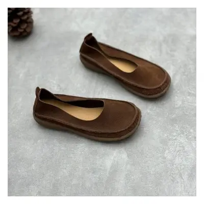 (coffee, 38) Johnature Handmade Genuine Leather Flat Shoes Loafers Round Toe Soft Sole Simple Wo