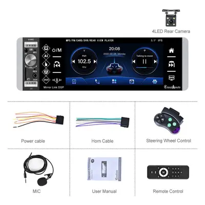 (With 4led camera) Podofo Din 5.1 Inch Hd Touch Screen Car Mp5 Player Ai Voice Carplay/android A