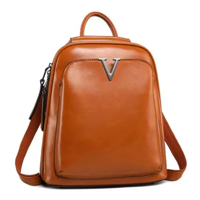 (khaki, 26cm*10cm*28cm) Women&apos;s Leisure Fashion Retro Leather Oil Wax Cow Leather Backpack