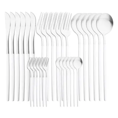 (white,silver) 30pcs White Gold Cutlery Set Matte Dinnerware Knife Fork Spoons Stainless Steel S