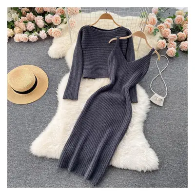 (dark grey, One Size) Women Autumn Winter Twist Crop Sweater Hip Dress Knit Set For Laides Solid