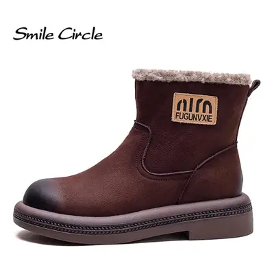 (as the picture, 40) Genuine Leather Padded Warm Hundred Snow Boots Retro Women Short Boots Flat