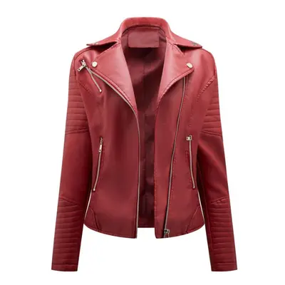 (burgundy, M) Faux Leather Jacket For Women Turn Down Collar Diagonal Zip Pu Moto Biker Coat Cas