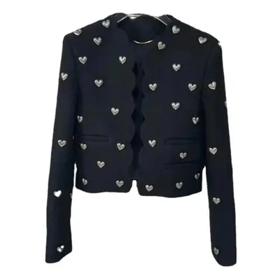 (black, M) Wool Jackets With Heart Beading Rivet Designer Runway Fall Autumn Warm Black Crop Top