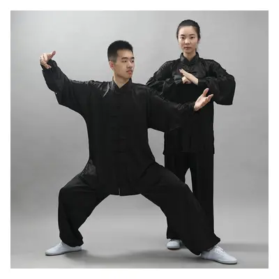 (black, XS) 2pcs/set Unisex Button Placket Shirt Loose Solid Color Chinese Traditional Tai Chi S