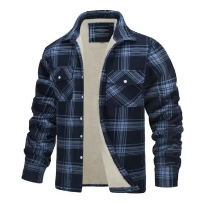 (blue, XL) Men Fall Winter Jacket Plaid Print Lapel Soft Plush Pockets Single-breasted Loose Thi