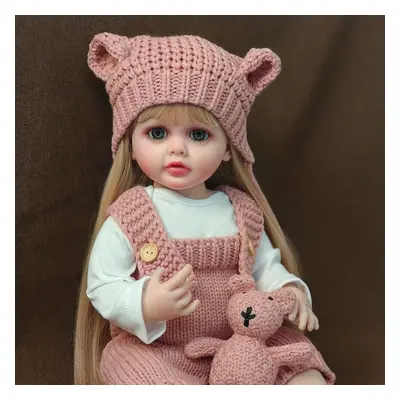 (as the picture) 55cm Lifelike Reborn Baby Girl Doll Soft Silicone Gold Long Hair Realistic Prin