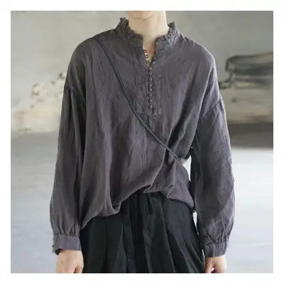 (black, One Size) Johnature Autumn Cotton Linen Stand Button Long Sleeve Irregular Loose Shirts