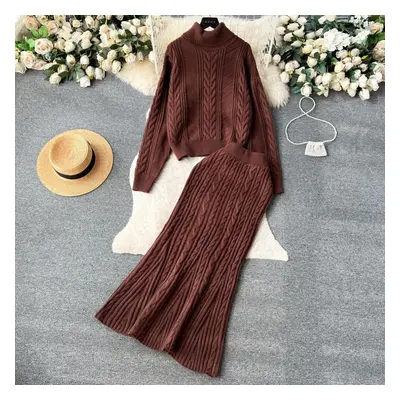 (brown, One Size) Winter New Turtle Neck Long-sleeved Twisted Sweater + High Waist Mermaid Knit 