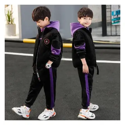 (purple, 130) Winter Boys Tracksuit Autumn Teenager Clothes Tiger Velvet Jacket + Hoodie + Pant 