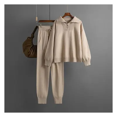 (khaki, OneSize) Polo Collar Sweater Suits Women Autumn Winter Loose Knitting Two-piece Set