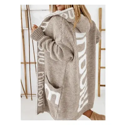 (Light Brown, M) Knitted Sweater Winter Medium Length Cardigan Letter Hooded Knitted Women&apos;