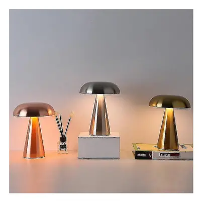 (Silver) Led Mushroom Bud Table Lamp Rechargeable Touch Three-tone Lighting For Cafe Bar Restaur