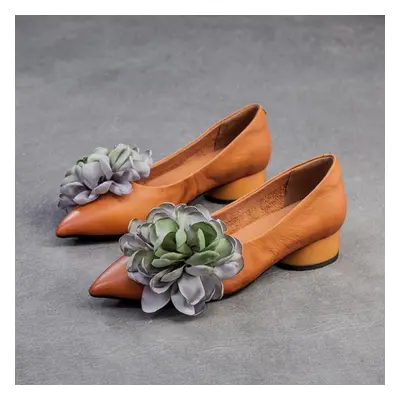 (camel, 40) Johnature Sweet Flower Pumps Genuine Leather Commuting Shallow Pointed Toe Low Heele