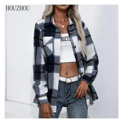 (black, XL) Houzhou Thick Plaid Shirt Women Autumn And Winter Long Sleeved Korean Chic Office La