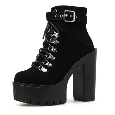 (black, 35) Lace Up Women Boots Platform Buckle Boot Winter Shoes Thick Heel With Zipper Ankle S