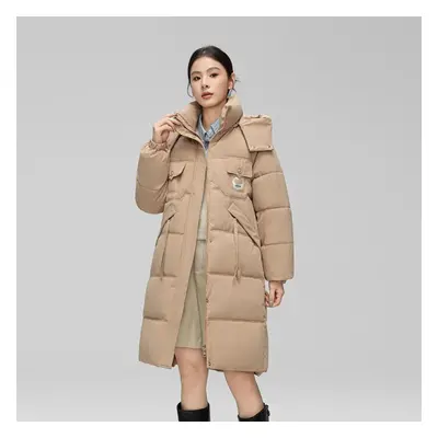 (khaki, XL) Autumn Winter Thick Warm Jacket Women Solid Color Hooded Coat Parkas Medium Long Zip