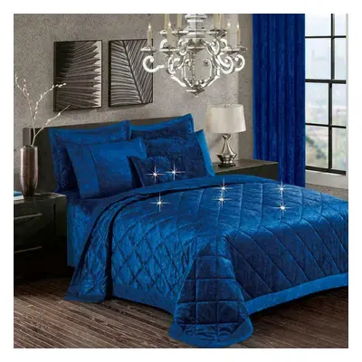 (Royal-Blue, Super King) Luxury Crushed Santiago Velvet Bedspread Quilted Comforter Bed Throw Be