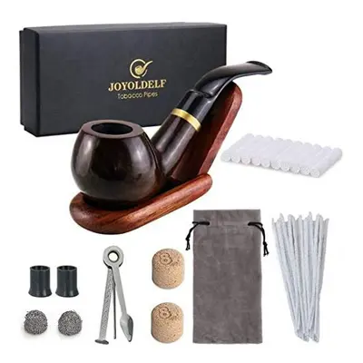 Joyoldelf Wooden Tobacco Smoking Pipe Set Bent Ebony Smoking Pipe with Pipe Stand Holder, Smokin