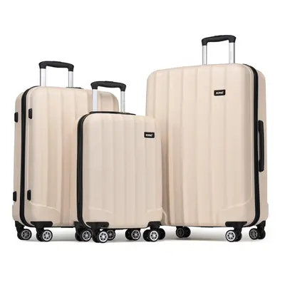 (Beige) 3Pcs 19+24+28 Inch ABS Hard Shell Suitcase Set With Spinner Wheels