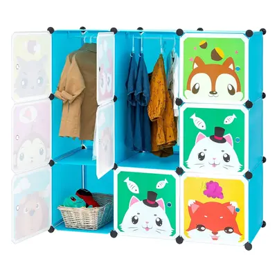 (8 Cubes, Blue) Cartoon Clothes Closet Wardrobe Storage Organizer, Cubes & Hanging Section, Blue