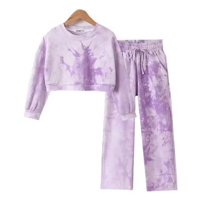 (purple, 160) Tie Dye Teen Girls Sports Casual Set Short Autumn Sweatshirt Wide-legged Pants Kid