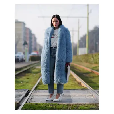 (sky blue, 3XL) Winter Women&apos;s Plus Size Long Hair Coat Fashionable Street Hipster Faux Fur