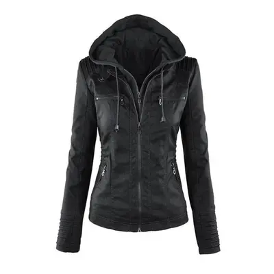 (black, 6XL) Lady Faux Leather Long Sleeve Solid Color Zipper Removable Hooded Jacket Outwear