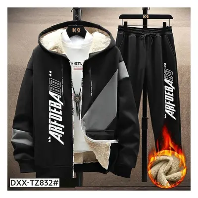 (black, L) Men &apos;s Jacket Autumn And Winter Plus Velvet Thick Lamb Wool Sports Suit Two -pie