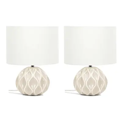 Pair of Textured Ceramic Base Table Lamps Cream Fabric Shade Light